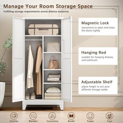 71" Metal Armoire Wardrobe Closet with Hanging Rod, White-X 5 Shelves