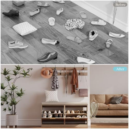 Rattan Shoe Storage Bench with 2 Coat Racks & Padded Cushion