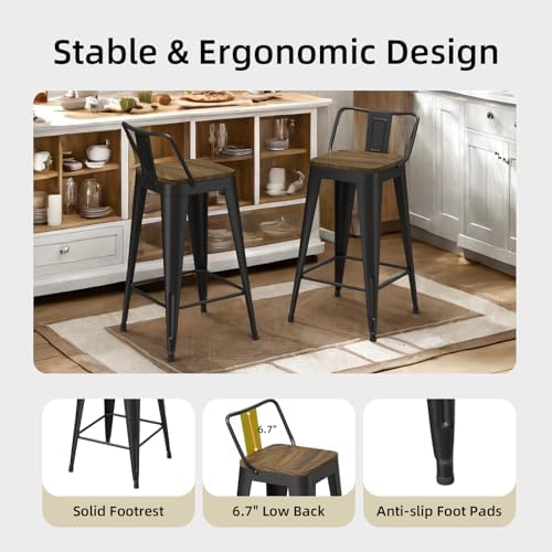 Black Bar Stools Set of 4, Metal Bar Stools with Wooden Seat, Modern 26”Counter Height Barstools with Low Back