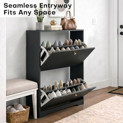Nicetree Shoe Storage Cabinet with 2 Flip Drawer, Narrow Slim 2-Tier Shoe Organizer, Shoe Cabinet Storage for Entryway with Top Shelf and Hooks, Freestanding Wooden Shoe Rack, Black