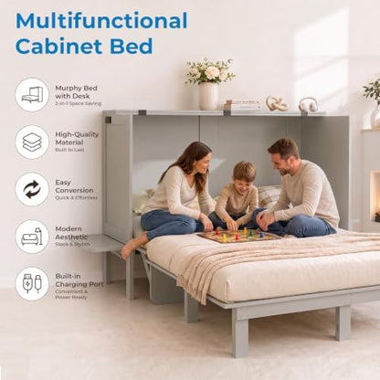 Mjkone Queen Murphy Bed with Desk and Mattress, Dark Grey