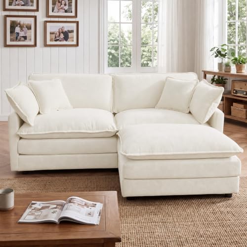 Tmsan 76.7" Beige White Cloud Couch, Small L Shape Sectional Sofa, 2 Seater