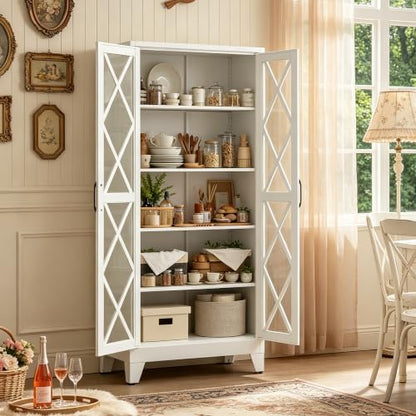 71"H White Pantry Kitchen Cabinet with Doors,Black Storage Cabinets,Freestanding Pantry Cabinet,Farmhouse Food Storage Cabinets,Tall and Large Pantry Cabinets for Kitchen, Dining Room, Living Room