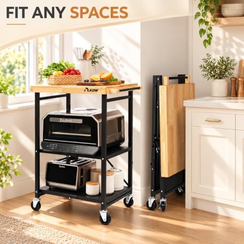 Foldable 3-Tier Rolling Kitchen Cart with Solid Oak Top, Black