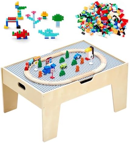 VEVOR Multi-Purpose Activity Play Table, 290 Building Bricks and 30-Piece Wooden Train Set Railway, Vehicles, Tracks and Accessories, Wooden Kids Activity Table with Storage Area for Kids Ages 3+