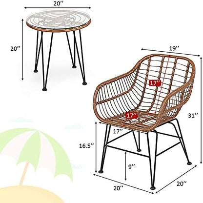 Tangkula 3 Pieces Patio Conversation Bistro Set, Outdoor Wicker Furniture w/Round Tempered Glass Top Table & 2 Rattan Armchairs, Bistro Chat Set w/Seat Cushions for Porch, Backyard, Garden