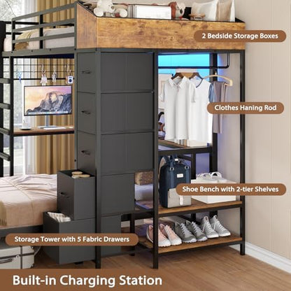 Bunk Bed Twin Over Twin with Hall Tree, Charging Station and LED Lights, L-Shaped Bunk Bed with Desk, 5 Storage Drawers, Twin Bunk Beds with Guardrail & Stairs, No Box Spring Needed, Black