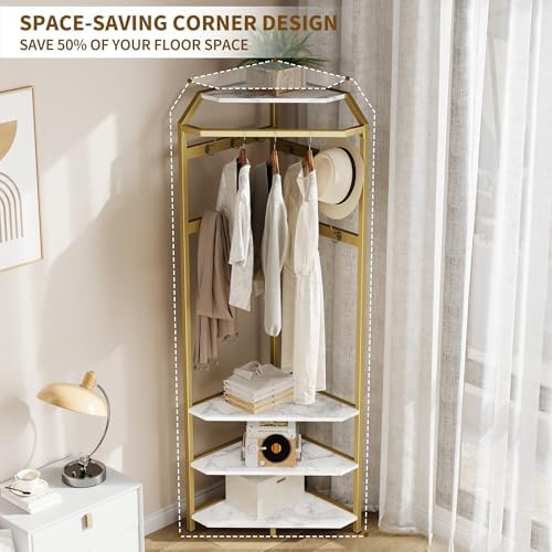 Garvee Corner Coat Rack, Freestanding Hall Tree with 12 Double-Row Hooks & 4 Shelves, Clothes Rack Shoes Shelf Organizer for Entryway, Hallway, Closet (White & Gold)