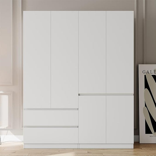 Bobve78 H Armoire Wardrobe Closet with 4 Doors and 2 Drawers, Wooden Bedroom Armoires with Hanging Rod, No Freestanding Wardrobe Cabinet for Bedroom, White