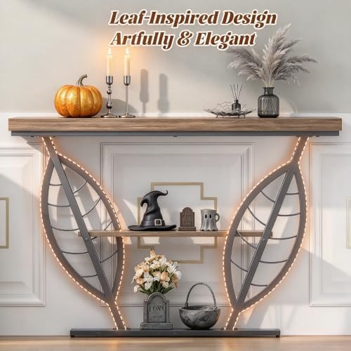 HavenlyYouth Leaf Design Console Table for Entryway, 3-Tier Storage, 30mm Thick Industrial Metal Frame, Easy-to-Assemble Narrow Accent Table, Space-Saving for Hallway, Entrance, Foyer.Grey