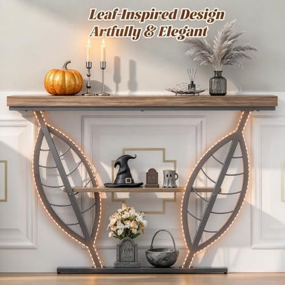 HavenlyYouth Leaf Design Console Table for Entryway, 3-Tier Storage, 30mm Thick Industrial Metal Frame, Easy-to-Assemble Narrow Accent Table, Space-Saving for Hallway, Entrance, Foyer.Grey
