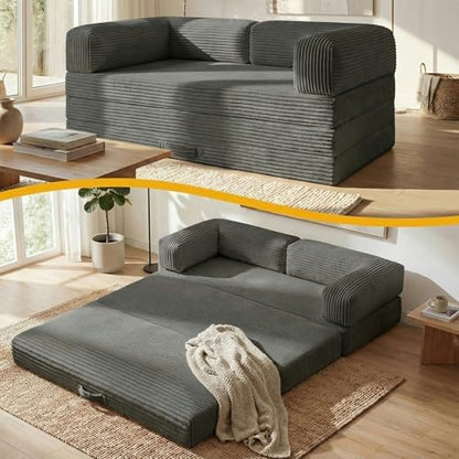Futon Sofa Bed, Convertible Tri-Folding Mattress Foldable with Removable Armrests & Washable Cover, Boneless Sleeper Couch Bed with High-Density Foam, Full, Grey