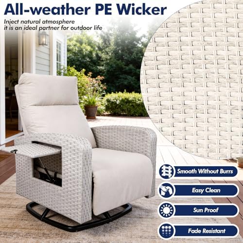 ZZW Outdoor Recliner Chair Set of 2, Wicker Patio Recliners with Adjustable Backrest and Extended Foot Rest, Reclining Patio Chairs with Flip Table & Removable Cushion Cover for Porch