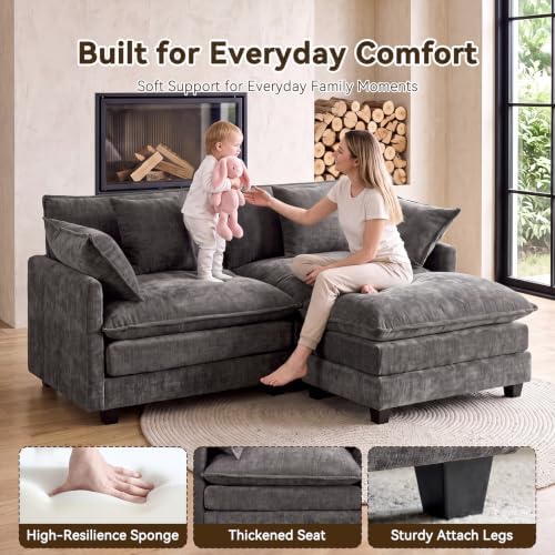 77" Cloud Chenille Sofa Loveseat Couch, Sectional with Ottoman, Grey