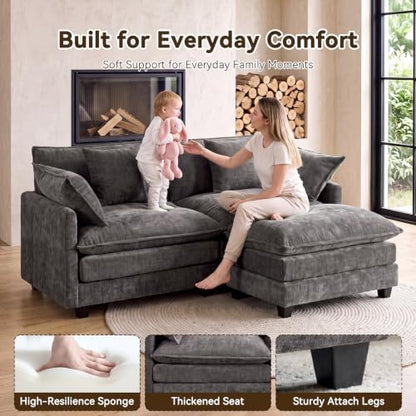 77" Cloud Chenille Sofa Loveseat Couch, Sectional with Ottoman, Grey