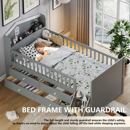 Bellemave Kids Twin Platform Bed with 4 Drawers & Storage Headboard, Wooden Twin Bed Frame with Safety Guardrails & Ladder for Kids Girls Boys, Gray