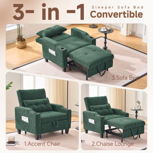 3 in 1 Convertible Sleeper Chair, Corduroy Single Sleeper Sofa Bed, Pull Out Sofa Bed Chair with Adjustable Backrest & Side Pockets for Living Room, Green