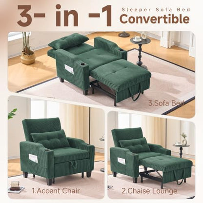 3 in 1 Convertible Sleeper Chair, Corduroy Single Sleeper Sofa Bed, Pull Out Sofa Bed Chair with Adjustable Backrest & Side Pockets for Living Room, Green