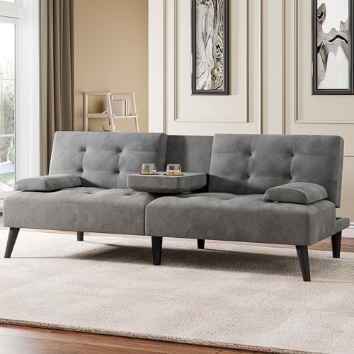 64" Futon Sofa Bed, Small Couch with 2 Cup Holders, Grey