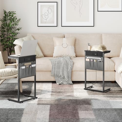 HOOBRO C Shaped End Table with Charging Station, Slide Under Couch Table