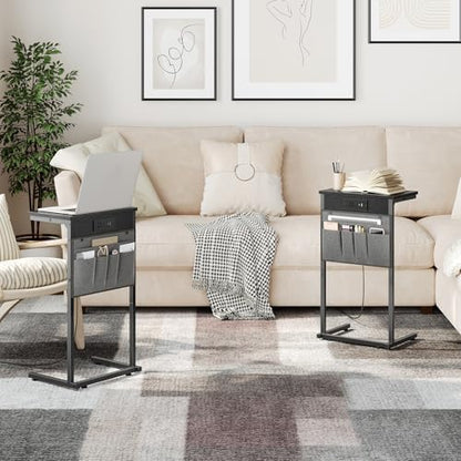 HOOBRO C Shaped End Table with Charging Station, Slide Under Couch Table