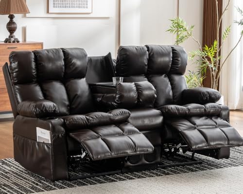 Loveseat Recliner Sofa with Massage & Heat, Flip Backrest, Reclining Home Theater Seating with Console, RV Couch Sofa with Bluetooth Speaker, USB/Outlet/Storage/Cup Holder/Side Pocket, Brown