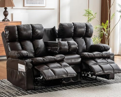 Loveseat Recliner Sofa with Massage & Heat, Flip Backrest, Reclining Home Theater Seating with Console, RV Couch Sofa with Bluetooth Speaker, USB/Outlet/Storage/Cup Holder/Side Pocket, Brown