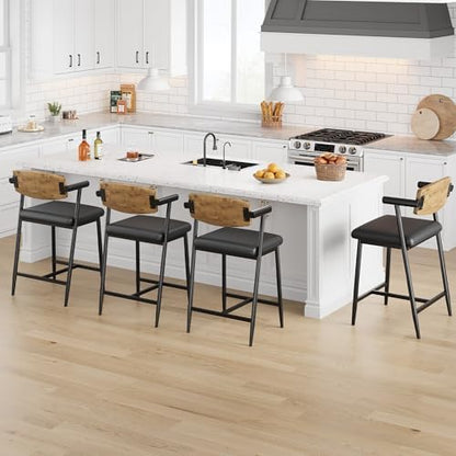 IDEALHOUSE Counter Height Bar Stools Set of 6, 26" Metal Barstools Set with Armrest & Footrest, Bar Chairs with Wood Back &Thickened Wide Soft Seat for Kitchen Island, Counter Height Bar, Rustic Brown