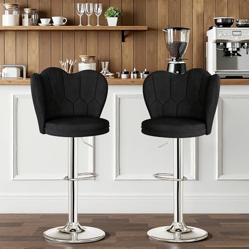 VECELO Bar Stools Set of 2, Adjustable Barstools with Back, Velvet Armless Counter Height Stool Kitchen Island Stool Swivel Bar Chairs for Pub Dining Room Living Room, Black