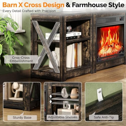 VINGLI 70" Fireplace TV Stand for up to 80 inch TVs, Dark Rustic Oak