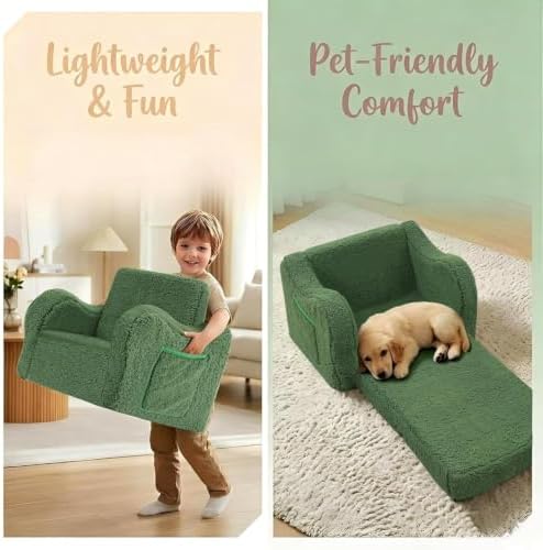 Kids Sofa Chair, 2-in-1 Foldable Couch, Sherpa, Green