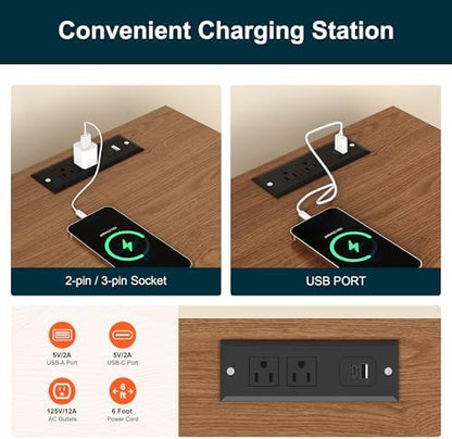 RoyalCraft Walnut Nightstand with Charging Station, End Table with Storage
