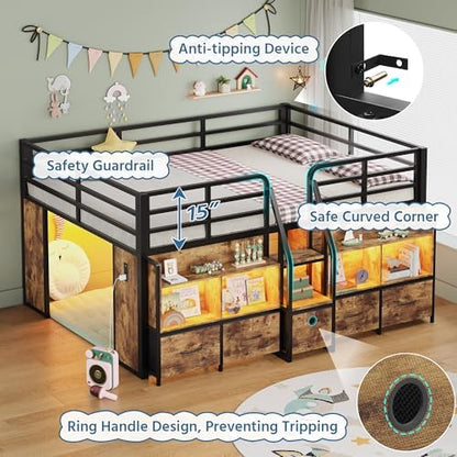 Full Low Loft Bed, 5 Drawers & 6 Bookcases, LED and Charging Station, Brown