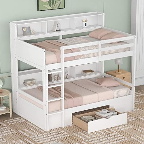 Twin Over Twin Bunk Bed with Built-in Shelves Beside Both Upper and Down Bed and Storage Drawer, Twin Size Wooden Bunk Bed with Guardrails and Ladder