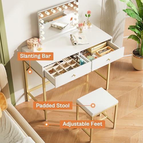 SUPERJARE 31.5" White and Gold Desk with 2 Drawers, Modern Makeup Vanity