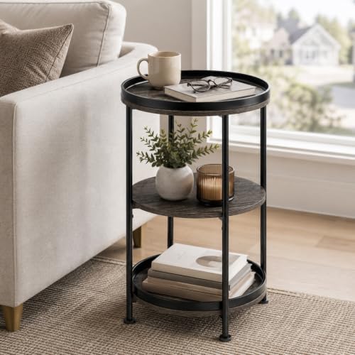 Dulcii 3-Tier Round Side Table with Tabletop Tray, Grey
