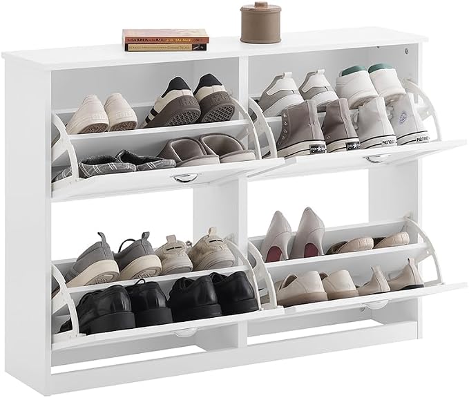 Haotian White Shoe Cabinet with 4 Flip Drawers, Large Freestanding Shoe Rack, Modern Shoe Organizer for Entryway, Hallway, Entance FSR196-W