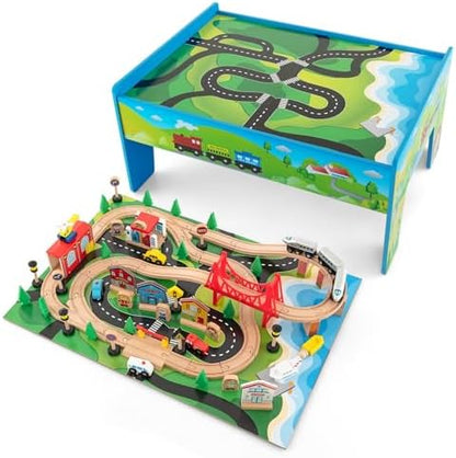 GLACER Train Table, 80 Pieces Wooden Toy Activity Table with Reversible Top