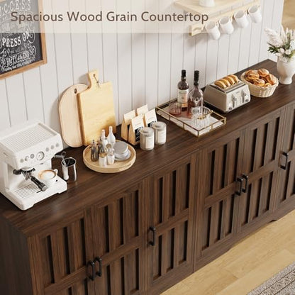 Modern Farmhouse Buffet Cabinet with Storage, 85" Large Sideboard Storage Cabinet with 6 Barn Doors, Coffee Liquor Bar Cabinet Wood Table Credenza with Adjustable Shelf for Kitchen Dining Living Room