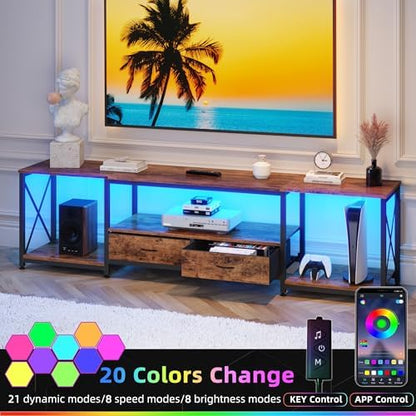 GYIIYUO TV Stand with Fabric Drawers for 80 85 Inches TV - Entertainment Center and Industrial TV Console Table with Open Storage Shelves for Living Room, Bedroom- 79.1" Rustic Brown