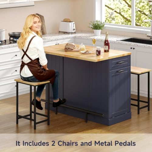 47" Kitchen Island with Seating, Include 2 Chairs, Blue