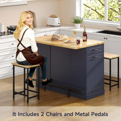 47" Kitchen Island with Seating, Include 2 Chairs, Blue