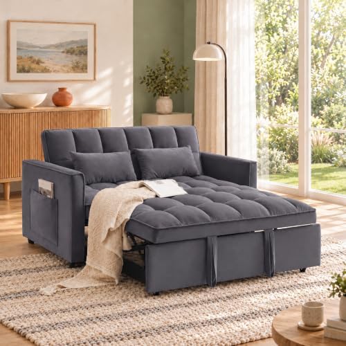 Sleeper Sofa Bed with Adjustable Backrest & Side Pockets, Gray