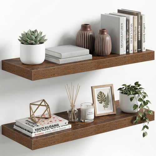 12" Deep Floating Shelves for Wall, Set of 2, 32 Inch Long Wall Shelves, 2" Thick Storage Display Shelves with Invisible Brackets for Living Room Bedroom Kitchen, Rustic Brown