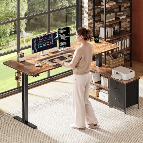 PRAISUN 63'' L Standing Desk with Outlets, Cabinet with Shelves, Drawers