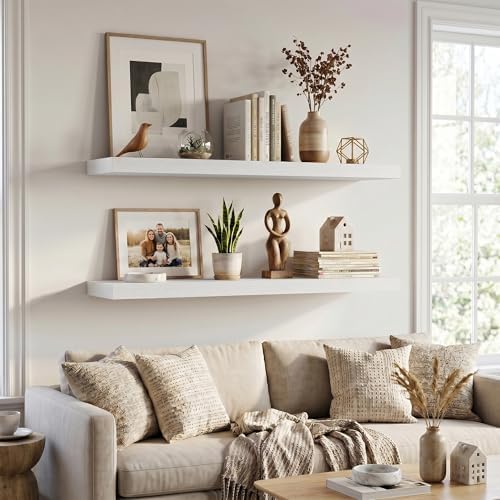 Deep Floating Shelves, 36" W x 12" D Wood Floating Shelves for Wall, 3 Pack Extra Deeper & Thicker Wall Mounted Storage Shelf for Living Room Laundry Room Kitchen Home Office, White