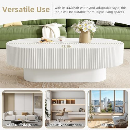 Merax Modern Fluted 43.3" W Oval Coffee Table for Living Room, White