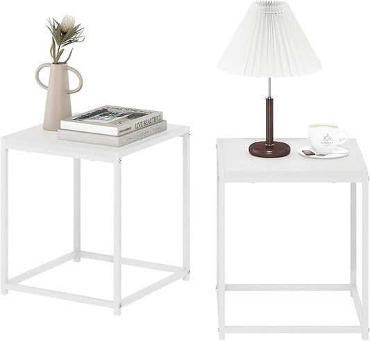 Furinno CAMNUS Side Table Set of 2, Metal Frame End Table, Square Open Frame Night Stand, Bedside Table, Easy Assembly, for Living Room, Bedroom, Solid White