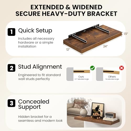 36 Inch Floating Shelves for Wall, 12 Inch Deep Shelves for Bedroom, Kitchen, Bathroom Wall Mounted, Rustic Wood Floating Shelf with Invisible Brackets for Books, Storage, Decor, Brown, 2 Pack