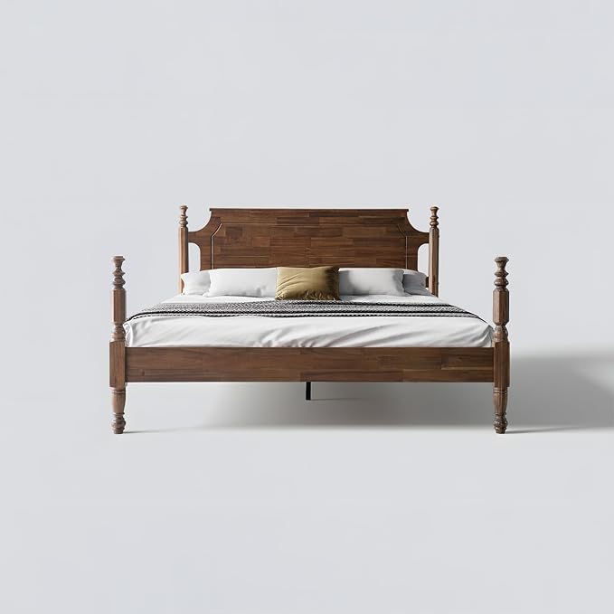 Solid Wood Queen Size Platform Bed Frame with Headboard & Footboard, Central Metal Legs, 12 Durable Slats Base, Anti-Slip & Noise-Free, Easy Assembly, No Box Spring Needed, Walnut Finish, ROQ-37